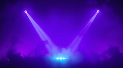 Purple Stage Lights Background with Fog and Spotlights. Dramatic Lighting Effect for Concert, Show, or Event.