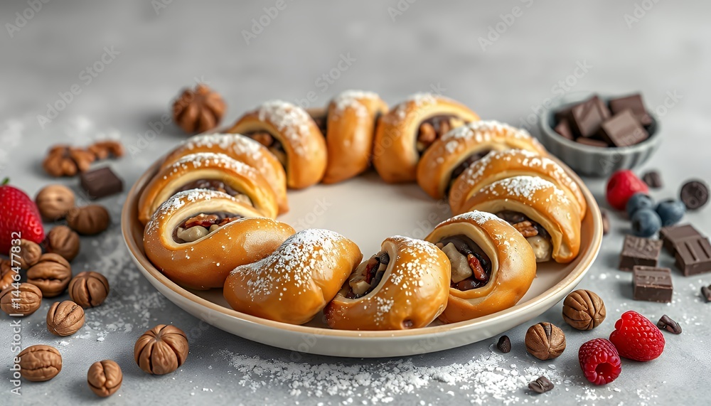 Poster sweet pastries arranged in circle with berries and walnuts dusted with powdered sugar creating festi