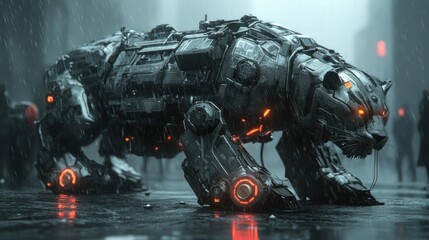 Fototapeta premium Cybernetic Tiger Patrols Rainy City
