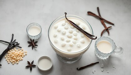 Tapioca Pearl Vanilla Bean Dessert Drink with Milk and Anise Stars on Clean White Background Culinary Concept For Decoration