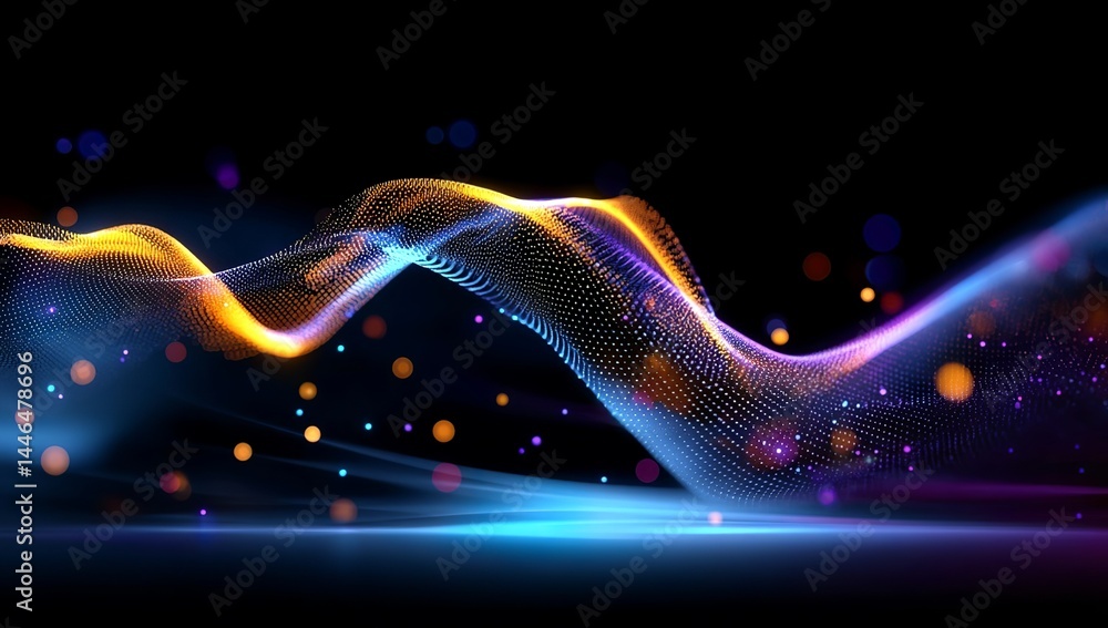 Poster abstract background with glowing waves and bokeh lights on black, ai generative design concept, ai