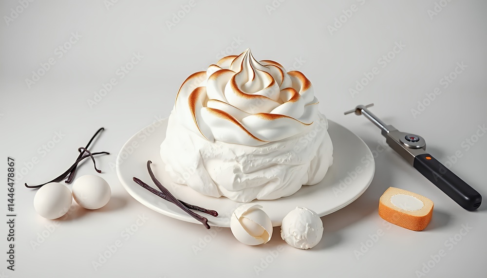 Poster vanilla meringue cake display on white plate with vanilla beans and culinary torch set against plain