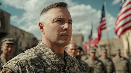 Military leader amidst ceremony.  Focused soldier observing