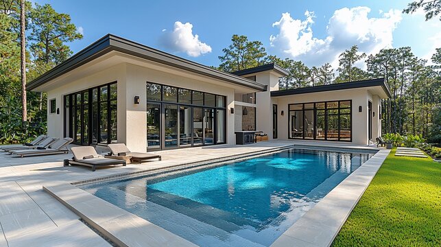 Modern luxury home exterior with pool
