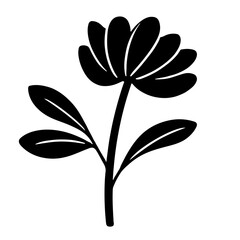 Simple black flower silhouette with leaves on white background. Vector illustration.
