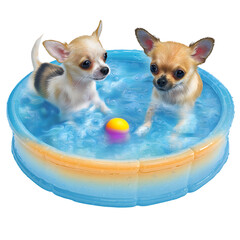 Illustration: Two completely wet chihuahuas are having fun with a ball in a little pool.