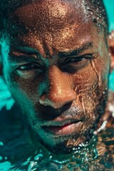 Fototapeta premium A striking portrait of a wet man with water covering his face, staring intensely.