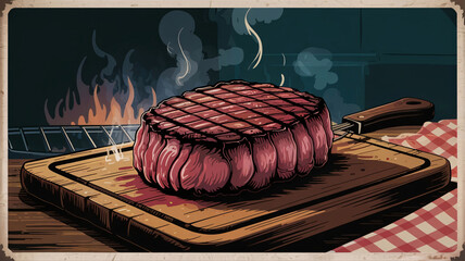 Illustration Depicting Grilled Steak On Cutting Board With Smoky Barbecue Flames For Outdoor Culinary Advertising Campaign.