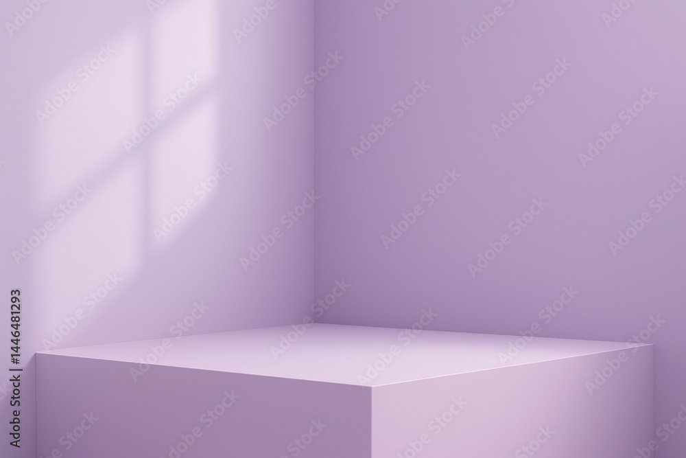 Poster minimalist purple pedestal in a corner with window shadow creating a serene backdrop for product pla