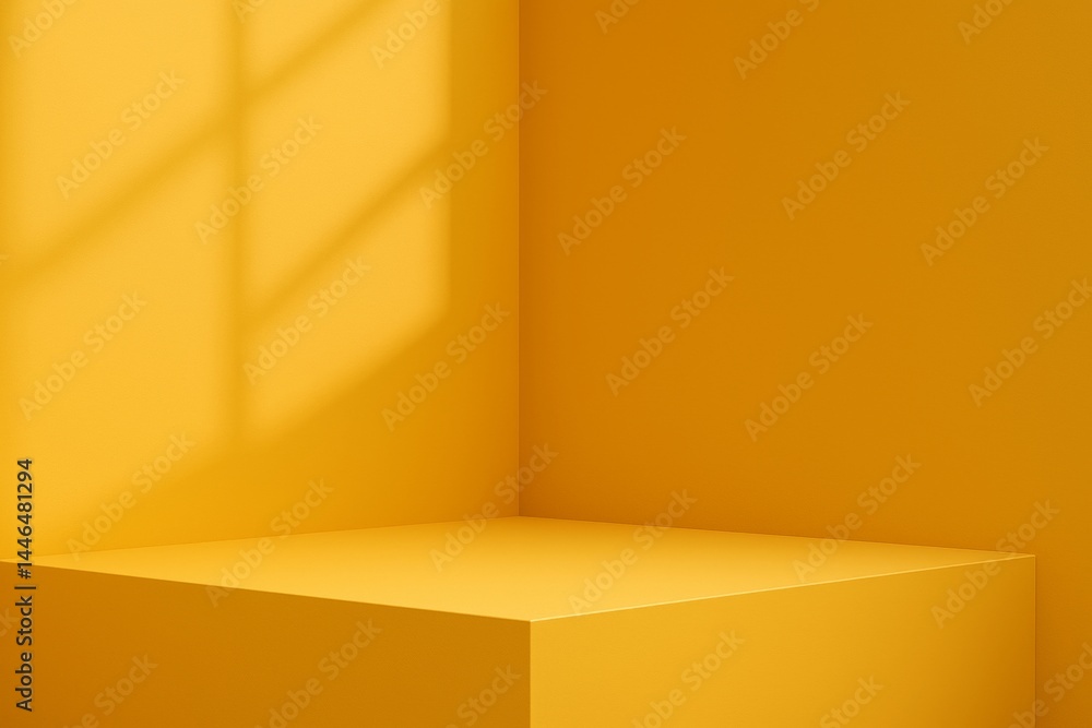 Poster sunlight streaming through a window creates a dramatic shadow on the wall behind a vibrant yellow co