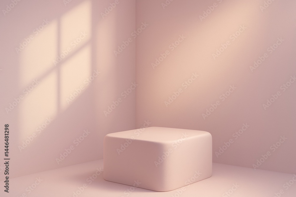 Poster empty pink pedestal positioned in a room corner, with window shadows casting a soft backdrop, creati