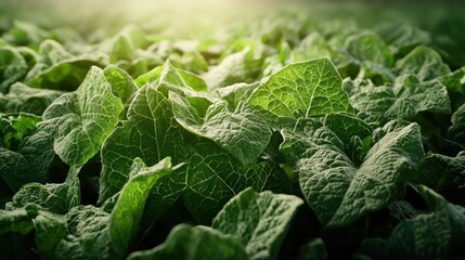 Ultra-detailed hyper-realistic display of vivid green leaves against a softly blurred abstract background, with controlled studio lighting enhancing every vein and texture