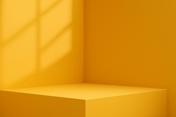 Sunlight streaming through a window creates a dramatic shadow on the wall behind a vibrant yellow corner display platform, offering a striking backdrop for product placement