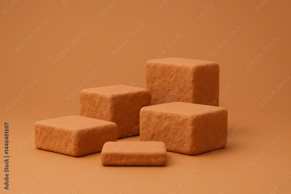 Poster five textured, clay-like blocks of varying sizes are arranged on an orange background, creating a vi
