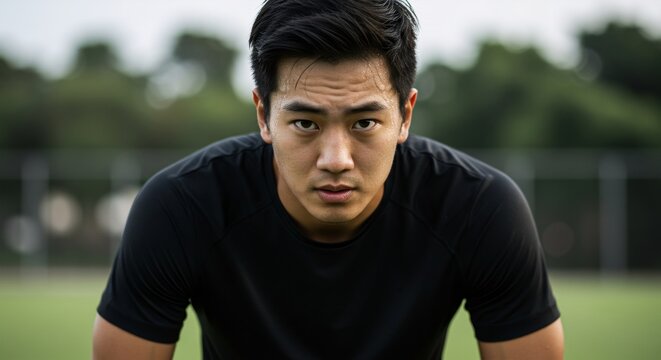Determined asian man in black t-shirt on sports field. Focused athlete preparing for workout. Fitness motivation concept for National Sports Day and Asian Pacific Heritage Month - Powered by Adobe