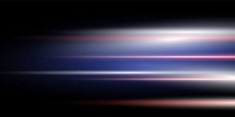 Blue and red high-speed background. Movement light trails effect on black abstract background. Wide technology banner with glowing blue and red light motion effect. Vector illustration