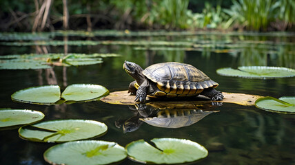 old turtle In a quiet forest pond, a wise old turtle swims slowly across the water