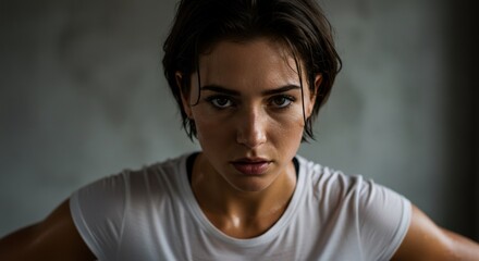 Woman athlete in white t-shirt, determined expression. Fitness motivation, female empowerment in sports. Portrait for International Women's Day, National Girls and Women in Sports Day