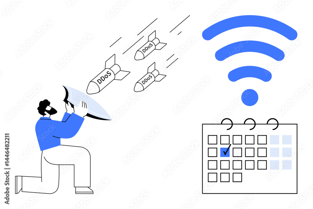 Poster man kneeling with shield blocking missiles labeled ddos, beside a checkmarked calendar and wireless 