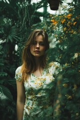 Fototapeta premium A captivating portrait of a young woman surrounded by lush, verdant plants in a greenhouse.