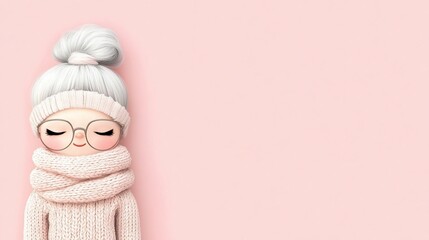 Cozy girl with glasses wearing a knitted scarf and hat against a pink backdrop