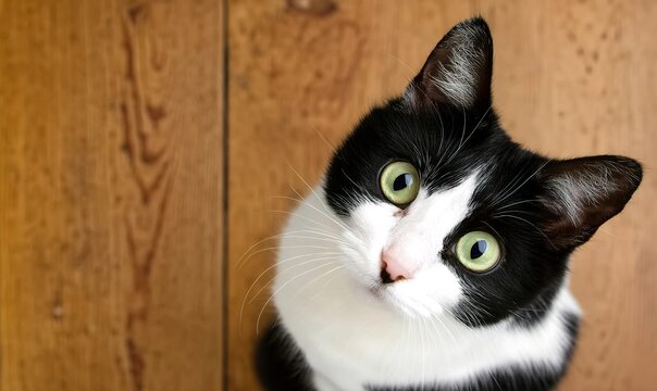 Close-up of a black and white cat with green eyes, looking up at the camera and sitting on a wooden - Powered by Adobe