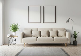 Living room with beige sofa, two framed posters, and minimalist decorations