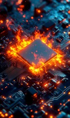 Burning CPU on Motherboard with Fire VFX, Overheating, Modern Technology