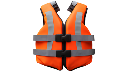 An orange life jacket with gray stripes on the front, transparent background, PNG file, no shadow, no text, white background
