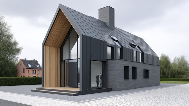 Modern home with solar panels, individuals at the entryway - design seamless background texture