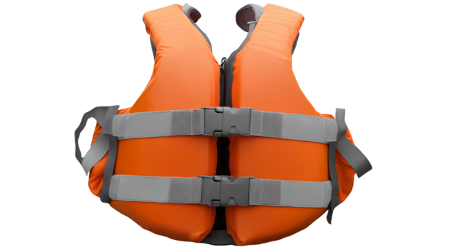 An orange life jacket with gray stripes on the front, transparent background, PNG file, no shadow, no text, white background