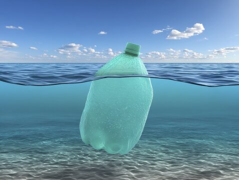 Plastic waste swirls in blue ocean water Pollution, environmental damage, floating trash Urgent ecological crisis - protection litter bottle polluted recycling