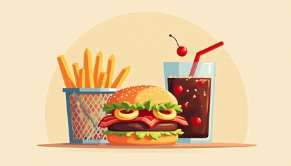 Delectable Duo: A classic arrangement of a juicy burger, crispy fries, and a refreshing cola drink, a culinary dream ready to be consumed, tantalizing everyone