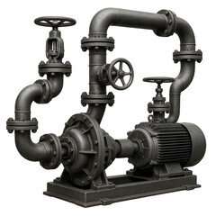 Heavy-duty industrial pumping assembly featuring metal pipes, valves, motor, and pump units.