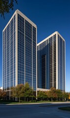 Modern Twin Office Towers With Glass Facade and Blue Sky View in Sunny Daytime