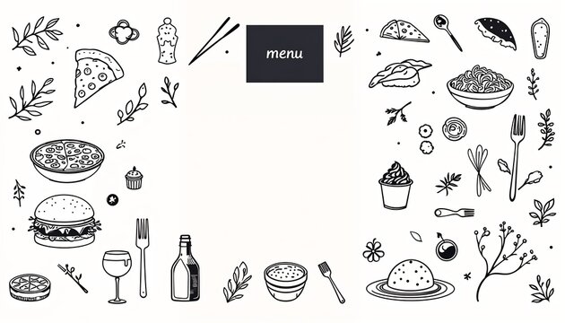 Gourmet Delights: A culinary collage, elegantly hand-drawn, showcases a spectrum of global cuisine favorites – from pizza slices and sushi to burgers and rice bowls.