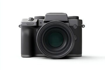 realistic compact mirrorless camera with lens facing forward, isolated on clean white background, professional product render