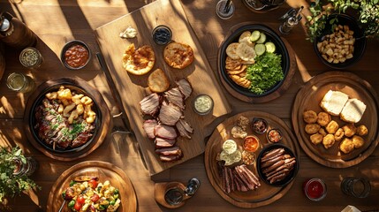 Overhead view of various food platters on a wooden table.