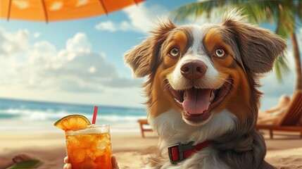 A cheerful dog relaxes on a beach, wearing an umbrella and sipping a tropical drink, embodying a fun summer vibe.