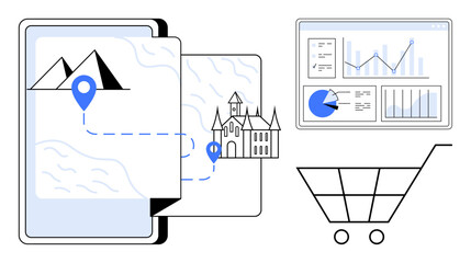 Mobile map with location pins, historical landmarks, analytics dashboard, and shopping cart. Ideal for tourism, travel apps, online sales, e-commerce, navigation planning simple landing page