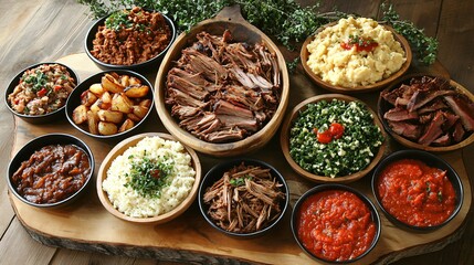 Diverse assortment of hearty dishes on a wooden platter.