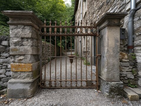 Rustic iron gate aged appearance open inv-4 - vintage metalwork arched