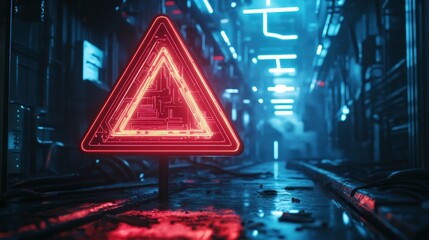 A glowing red warning sign in a futuristic corridor with blue lights and reflections on wet surfaces, creating a dramatic atmosphere.