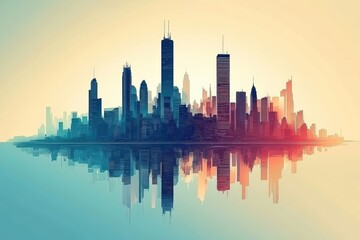 Fototapeta premium City skyline reflected on water, sunrise