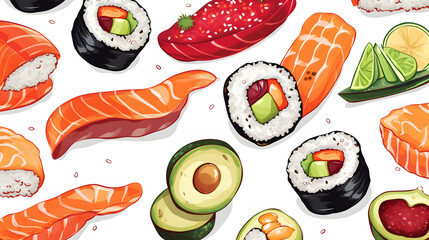 Authentic Asian Food Seamless Pattern Featuring Sushi - Vector Illustration