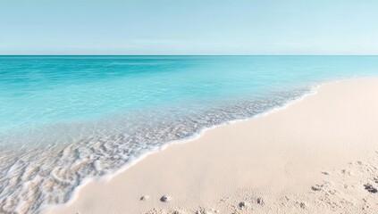 Photo of a sandy beach with clear blue water in the background, white sand. Web banner with copy
