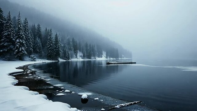 Serene Winter Wonderland, A Tranquil Lake Surrounded by Snow-Covered Trees