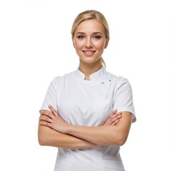 Woman in uniform with arms crossed isolate on white background