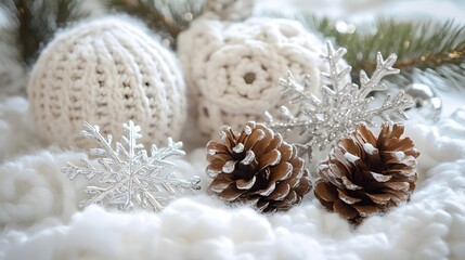 Winter Wonderland Ornament Display: A serene display of winter ornaments. including snow, and pine cones evokes the beauty of the season. capturing the cozy vibes, creating a feeling of wonder.