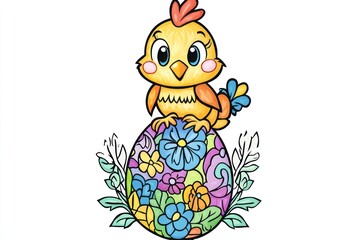 Obraz premium Cute chick perched atop a decorated Easter egg. Colorful flowers and leaves surround the egg